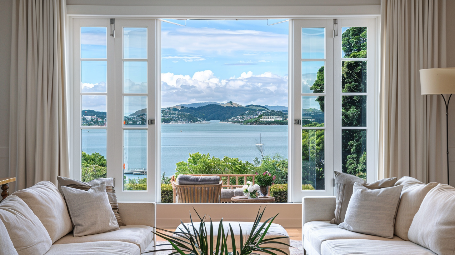 Classic French and hinged uPVC doors opening overlooking the Wellington harbour