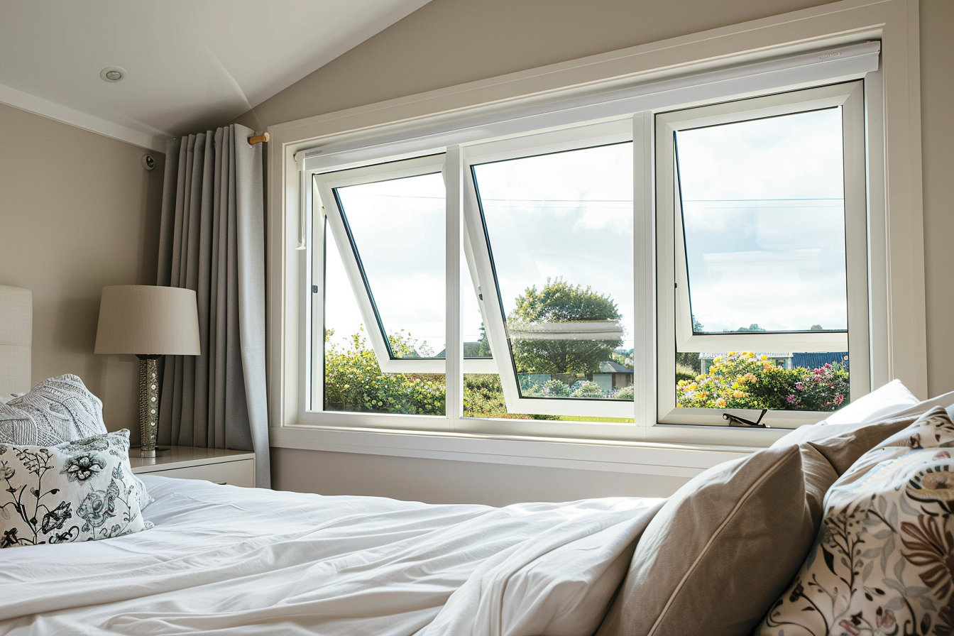 View from a bedroom looking out through open uPVC windows